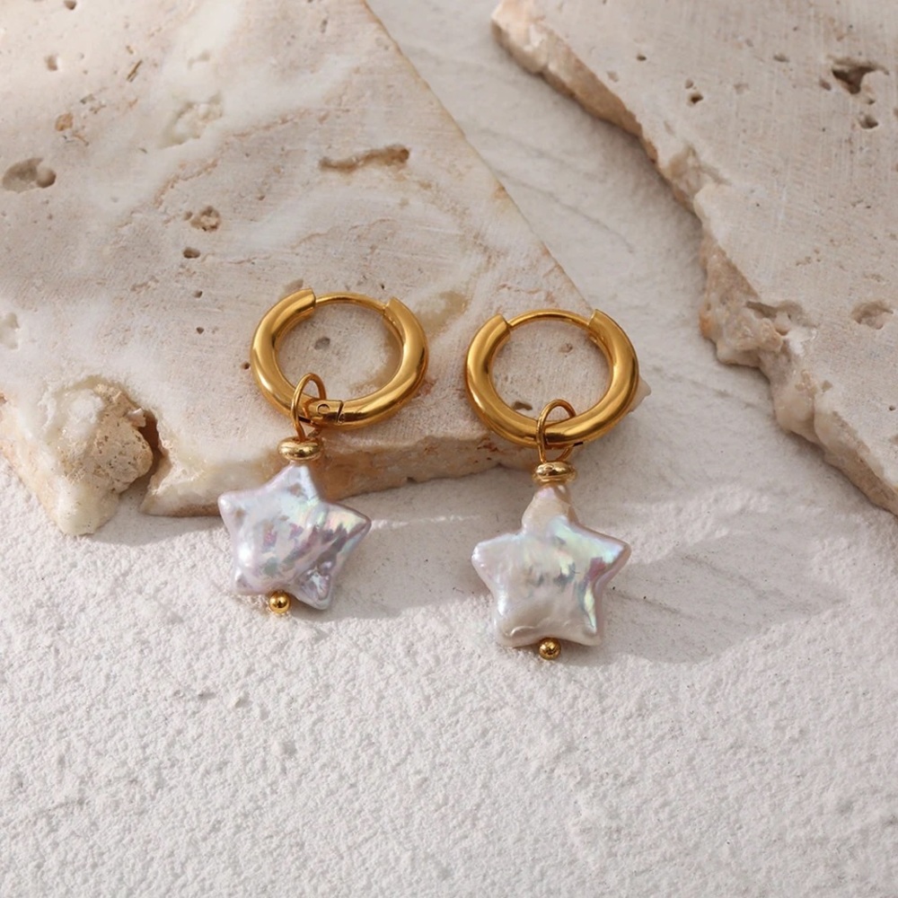 ◾️18K Gold Plated Star Natural Freshwater Pearl Earrings